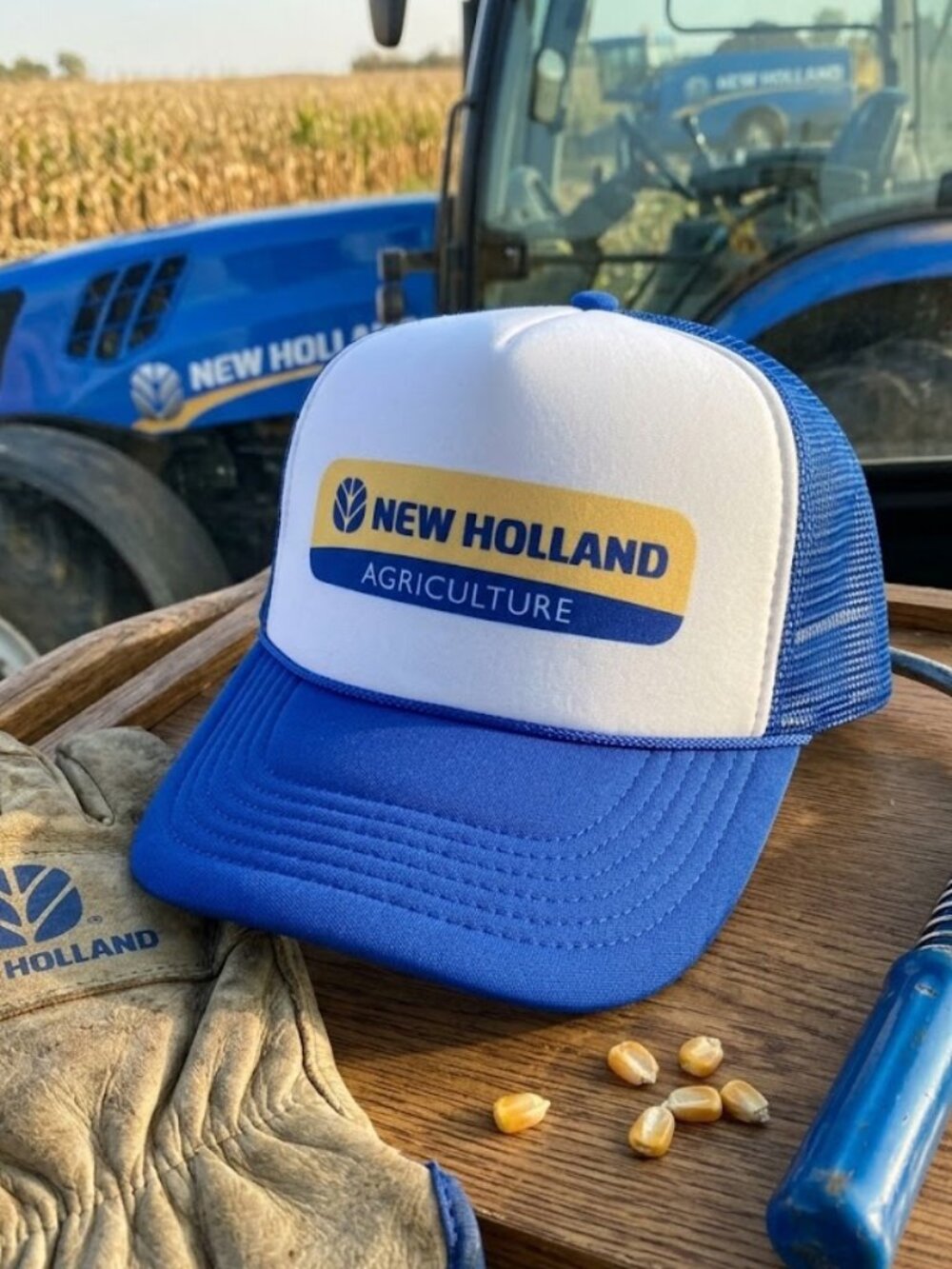 Retro New Holland Agriculture Hat Tractor Farm Blue White Foam Rope Snapback USA
